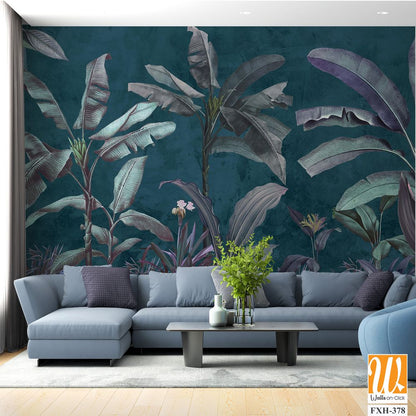 Dark background wallpaper design, topical, banana leaf, navy blue, mural art, living room wallpaper, monochrome. [WP-FXH-378]