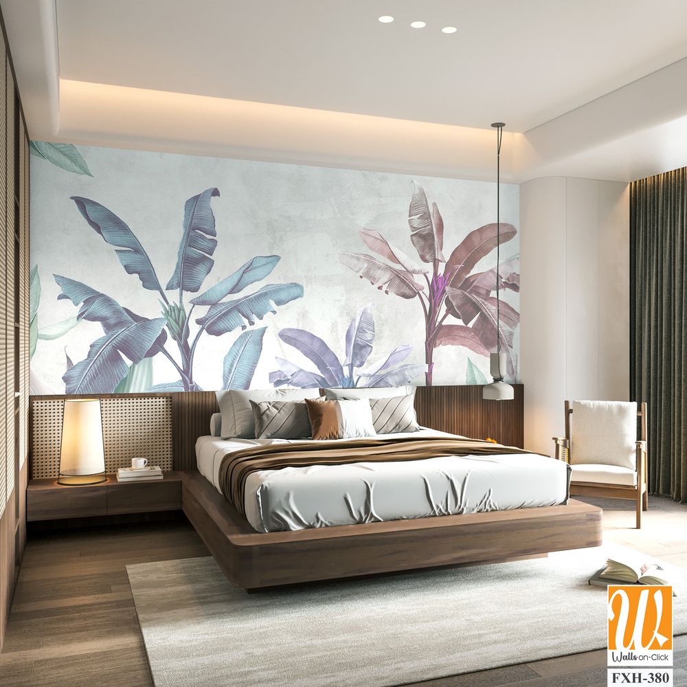 Soft color tropical leaf wallpaper design, banana trees, mural art, interior design. [WP-FXH-380]