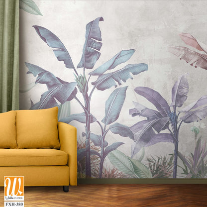 Soft color tropical leaf wallpaper design, banana trees, mural art, interior design. [WP-FXH-380]