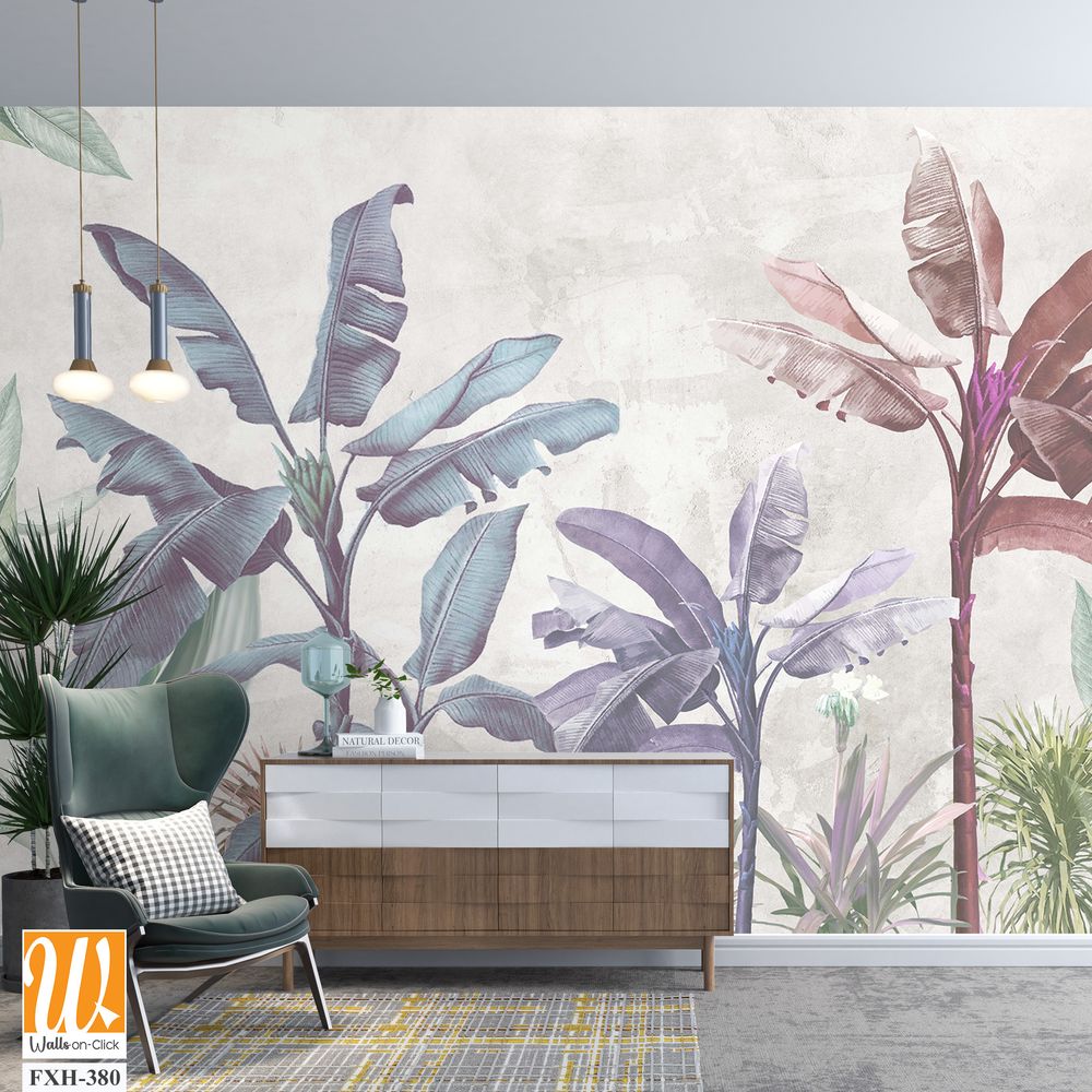 Soft color tropical leaf wallpaper design, banana trees, mural art, interior design. [WP-FXH-380]