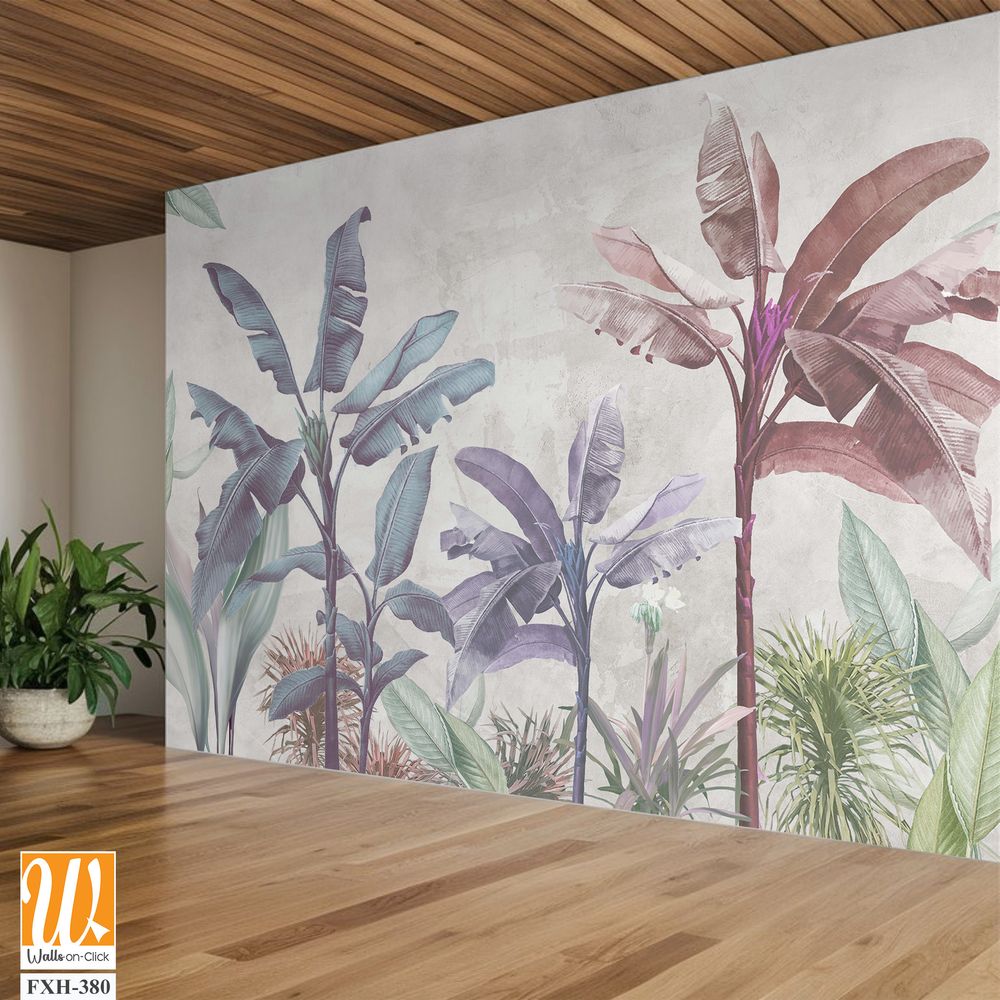 Soft color tropical leaf wallpaper design, banana trees, mural art, interior design. [WP-FXH-380]