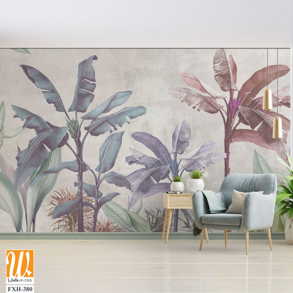 Soft color tropical leaf wallpaper design, banana trees, mural art, interior design. [WP-FXH-380]