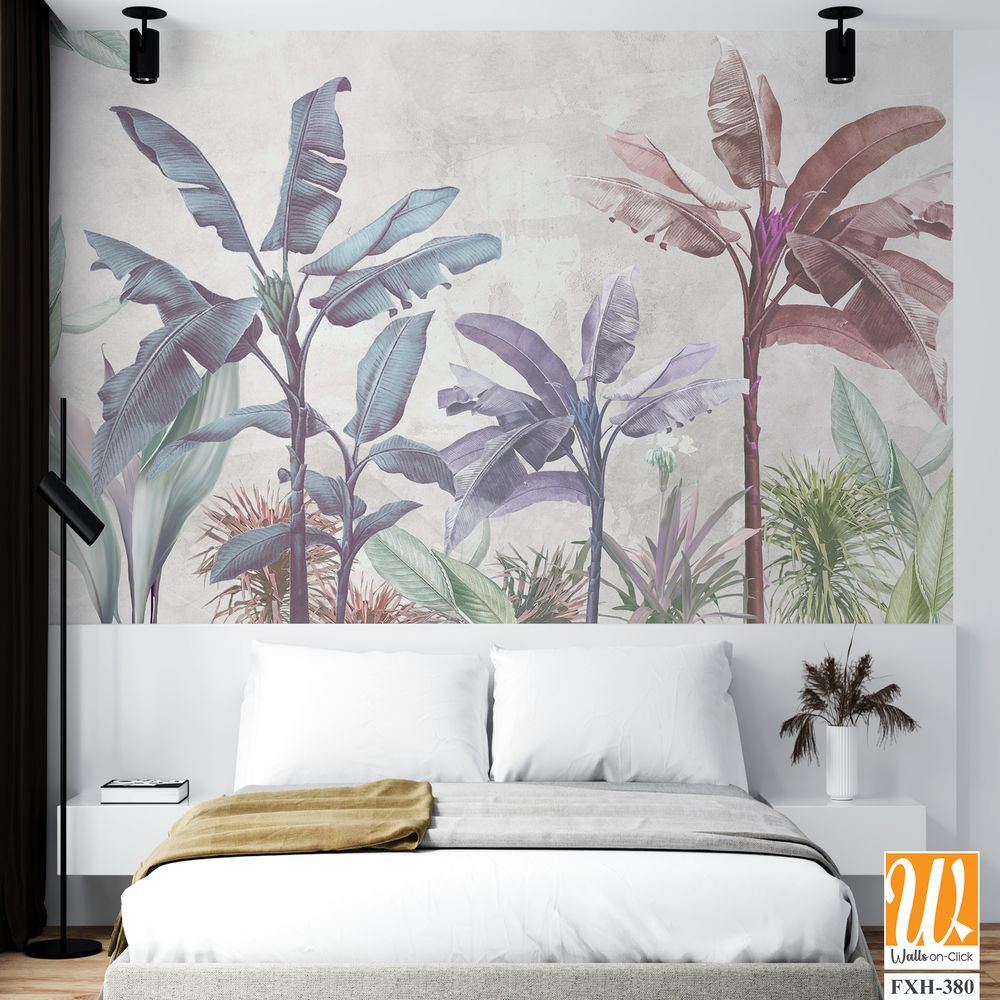 Soft color tropical leaf wallpaper design, banana trees, mural art, interior design. [WP-FXH-380]