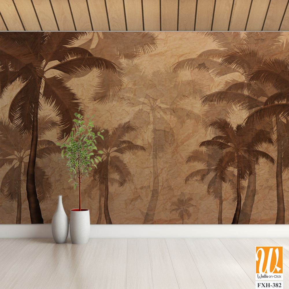 Autumn wallpaper design, sepia monochrome, palm trees background, mural art. [WP-FXH-382]