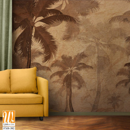 Autumn wallpaper design, sepia monochrome, palm trees background, mural art. [WP-FXH-382]