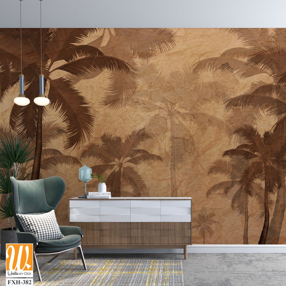 Autumn wallpaper design, sepia monochrome, palm trees background, mural art. [WP-FXH-382]