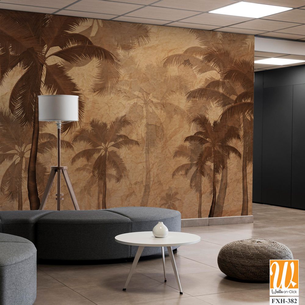 Autumn wallpaper design, sepia monochrome, palm trees background, mural art. [WP-FXH-382]