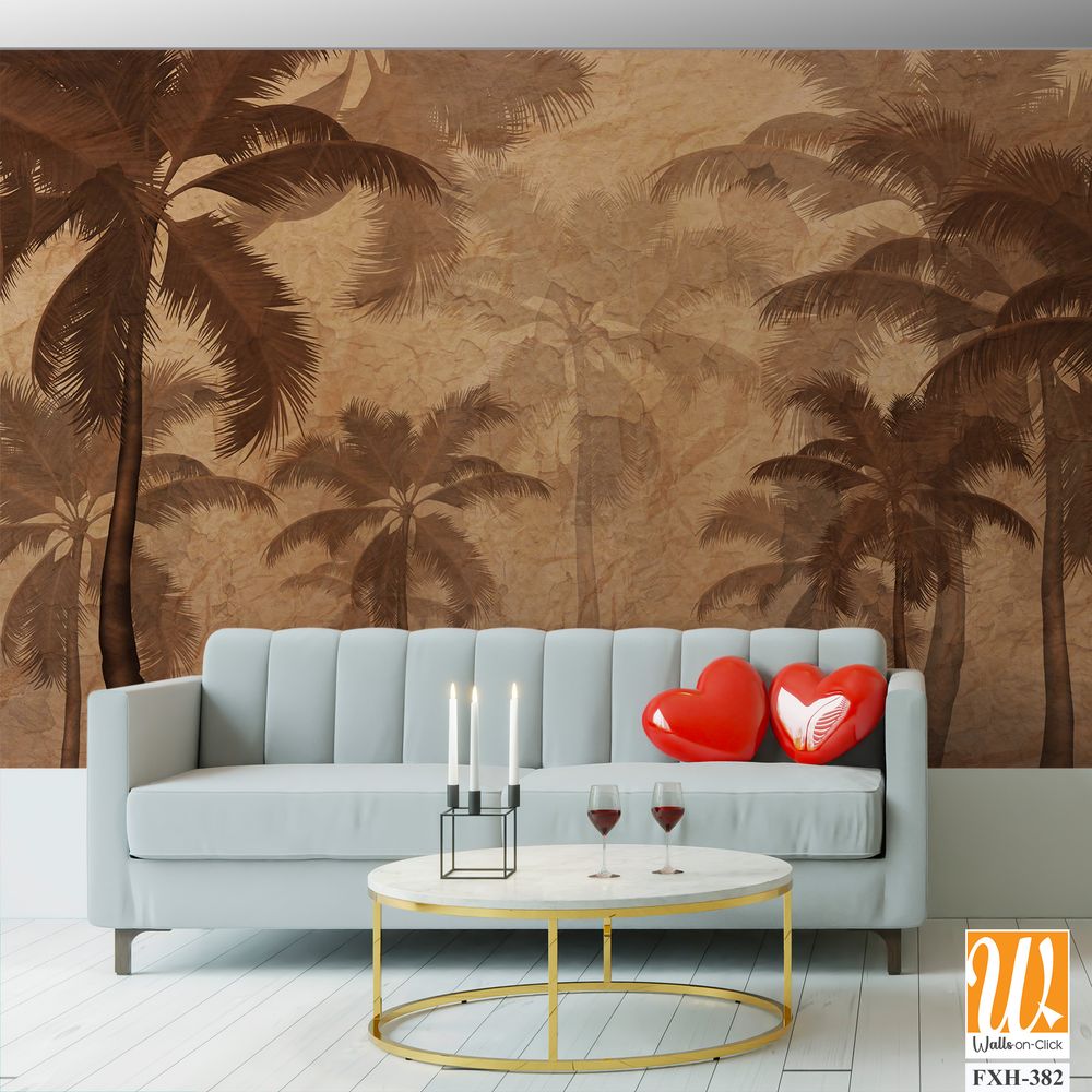 Autumn wallpaper design, sepia monochrome, palm trees background, mural art. [WP-FXH-382]