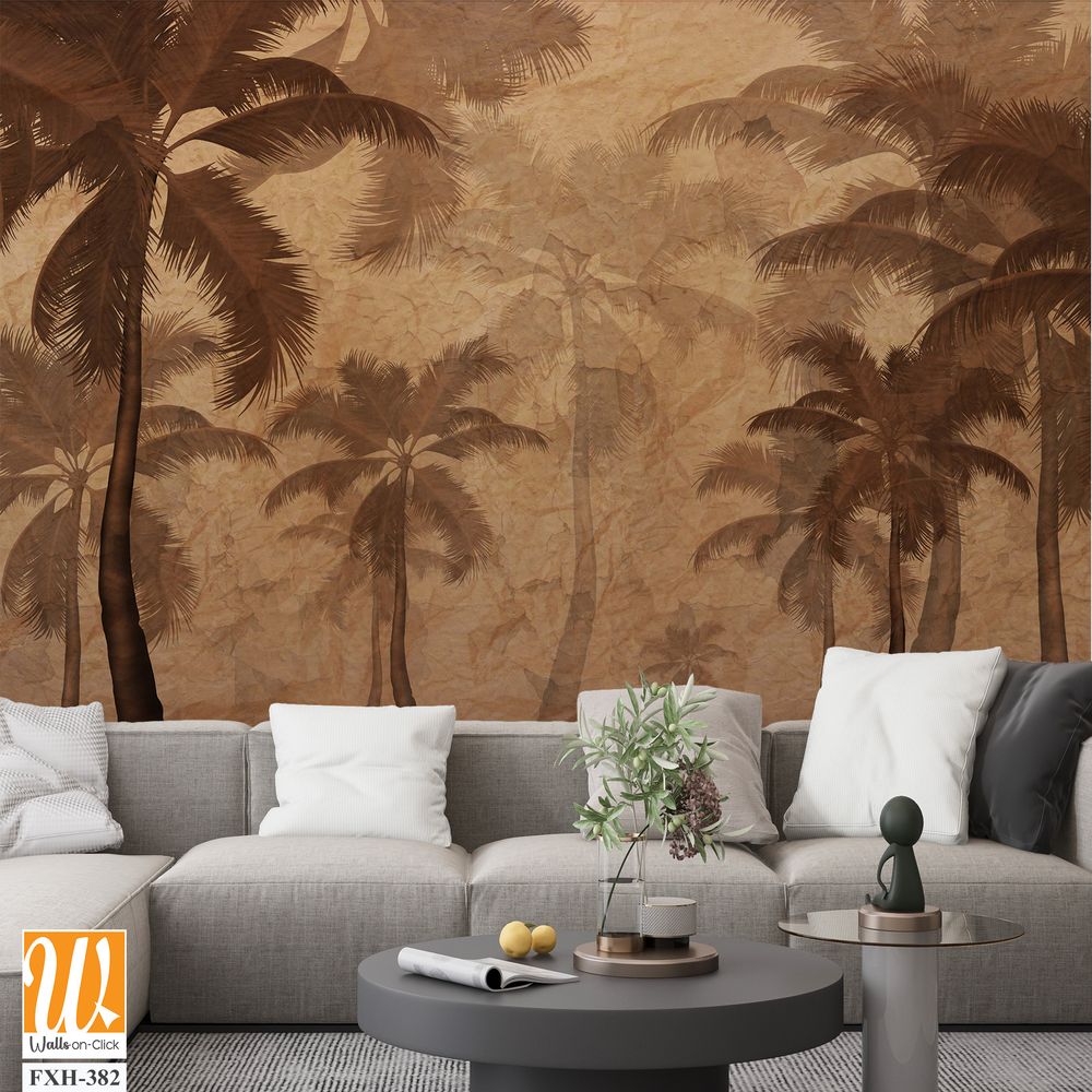 Autumn wallpaper design, sepia monochrome, palm trees background, mural art. [WP-FXH-382]