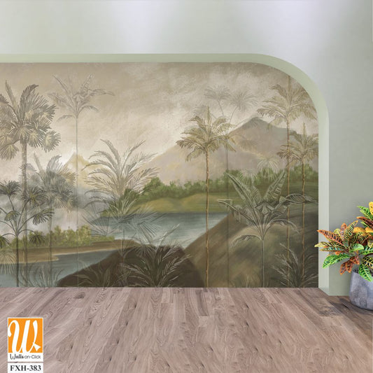 Landscape wallpaper design, oil painting, mountain and palm trees, mural art. [WP-FXH-383]