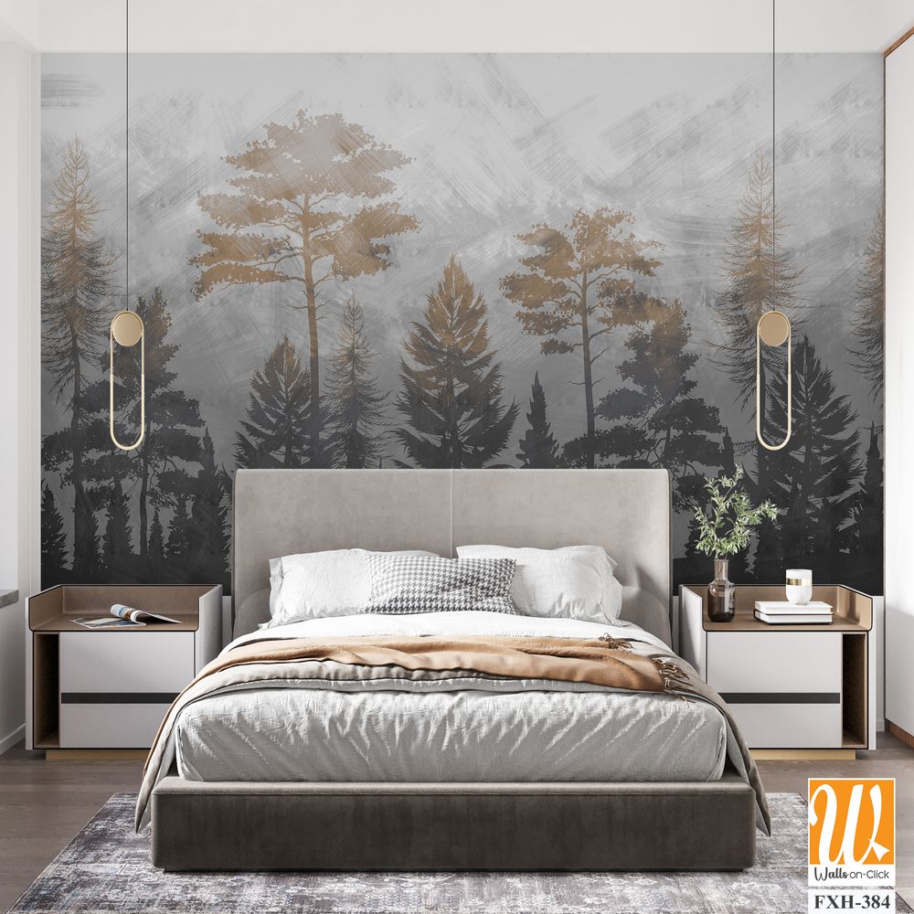 Tree silhouettes wallpaper design, jungle background, sepia monochrome, mural art. [WP-FXH-384]