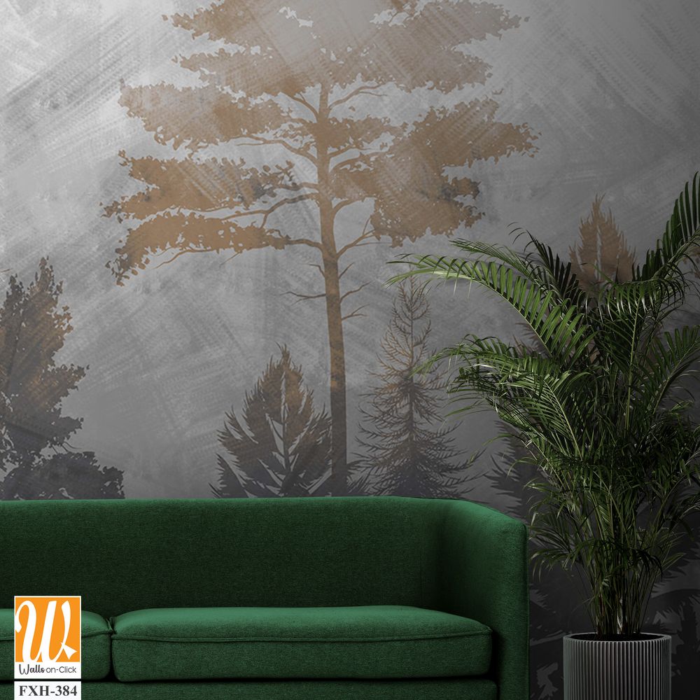 Tree silhouettes wallpaper design, jungle background, sepia monochrome, mural art. [WP-FXH-384]