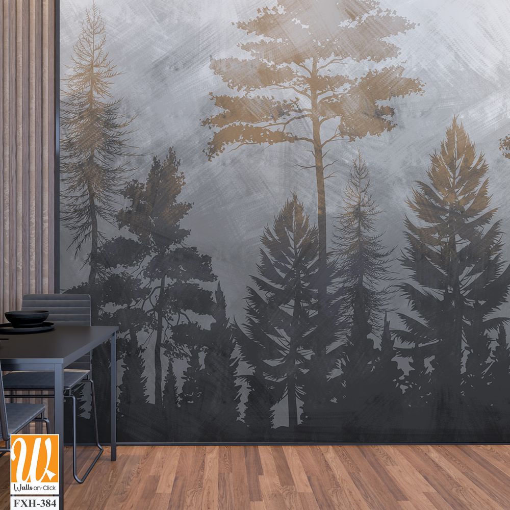 Tree silhouettes wallpaper design, jungle background, sepia monochrome, mural art. [WP-FXH-384]