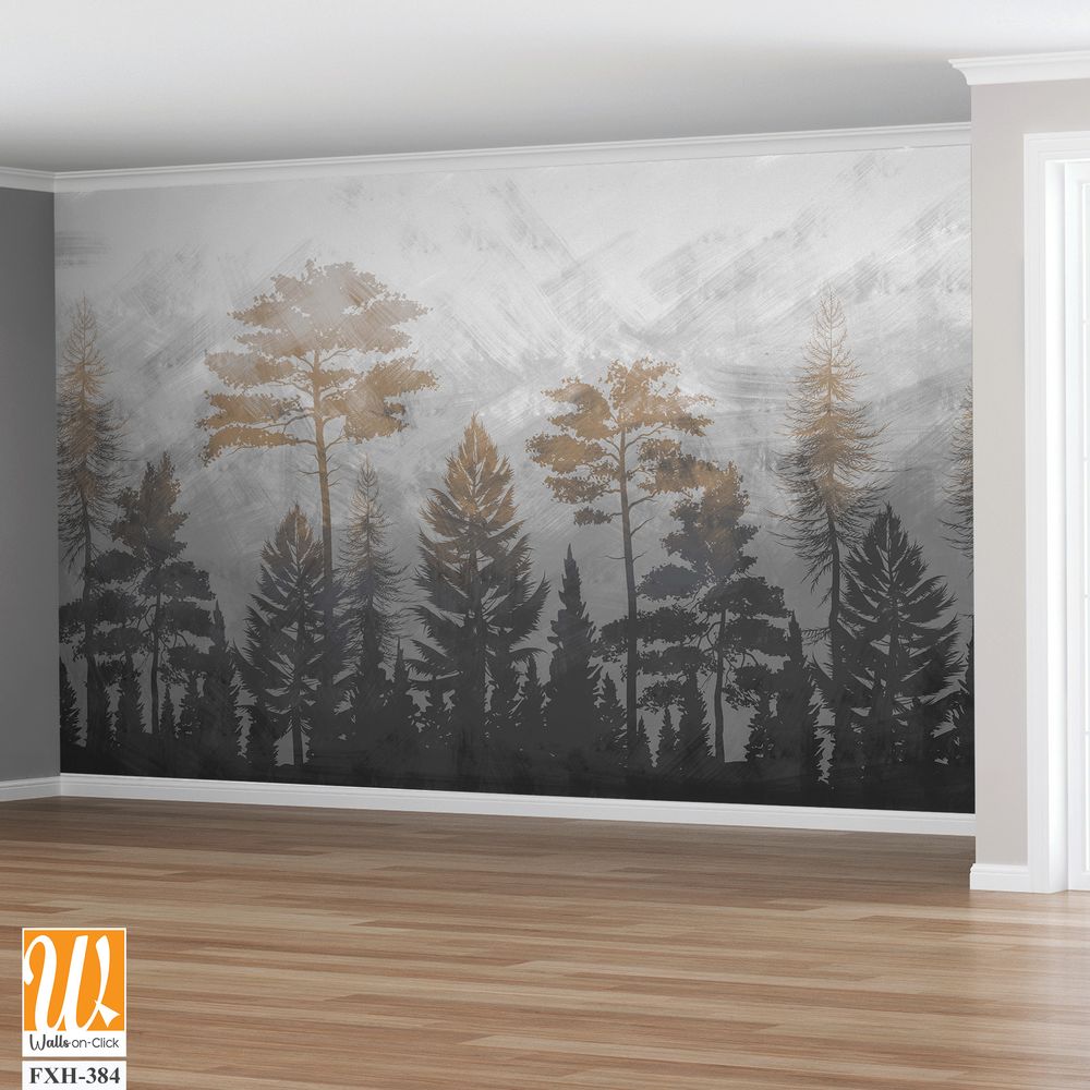 Tree silhouettes wallpaper design, jungle background, sepia monochrome, mural art. [WP-FXH-384]