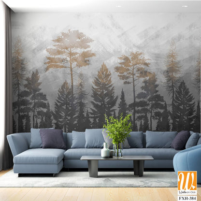 Tree silhouettes wallpaper design, jungle background, sepia monochrome, mural art. [WP-FXH-384]