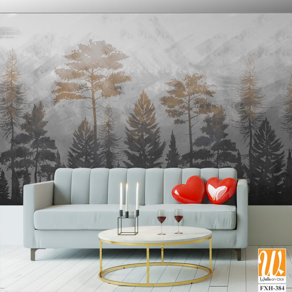 Tree silhouettes wallpaper design, jungle background, sepia monochrome, mural art. [WP-FXH-384]