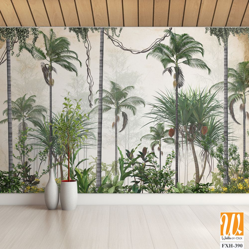 Tropical trees and leaves for digital printing wallpaper, custom design wallpaper - 3D illustration [WP-FXH-390]