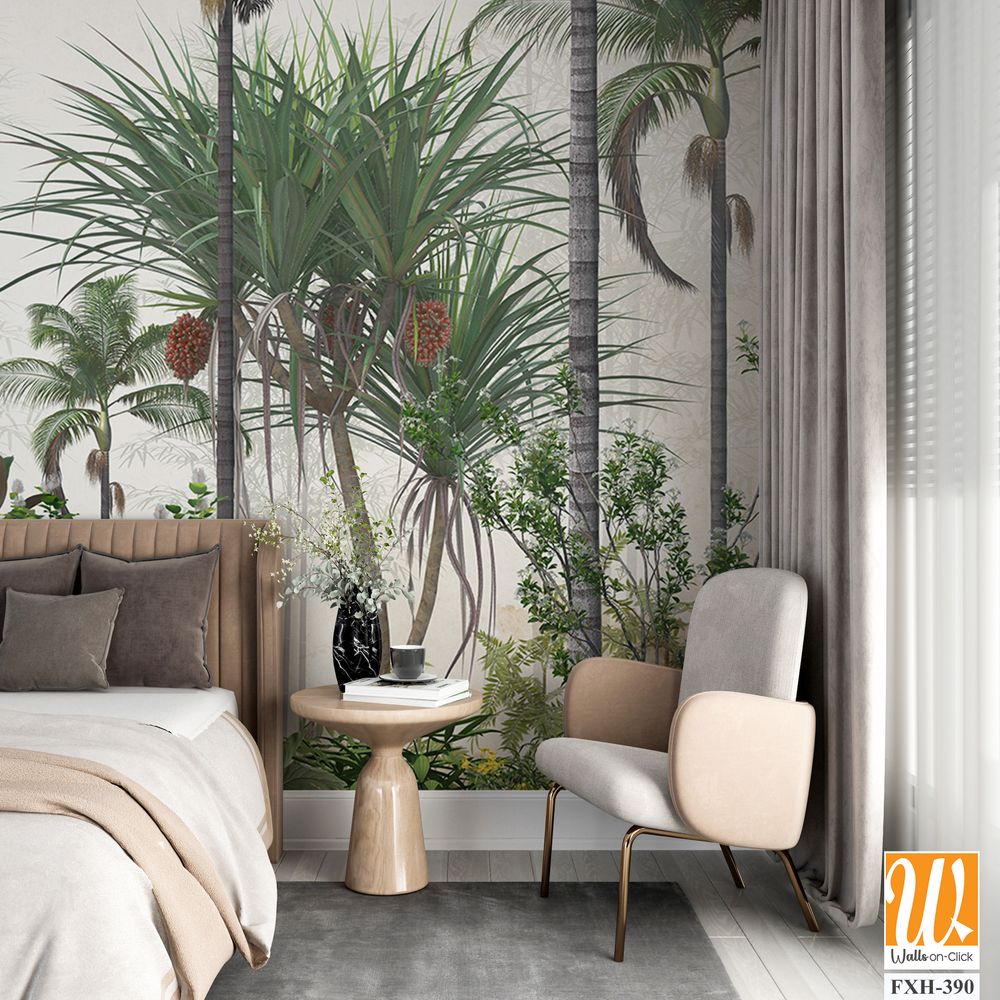 Tropical trees and leaves for digital printing wallpaper, custom design wallpaper - 3D illustration [WP-FXH-390]