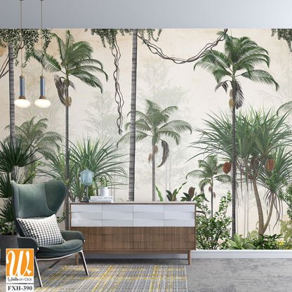 Tropical trees and leaves for digital printing wallpaper, custom design wallpaper - 3D illustration [WP-FXH-390]