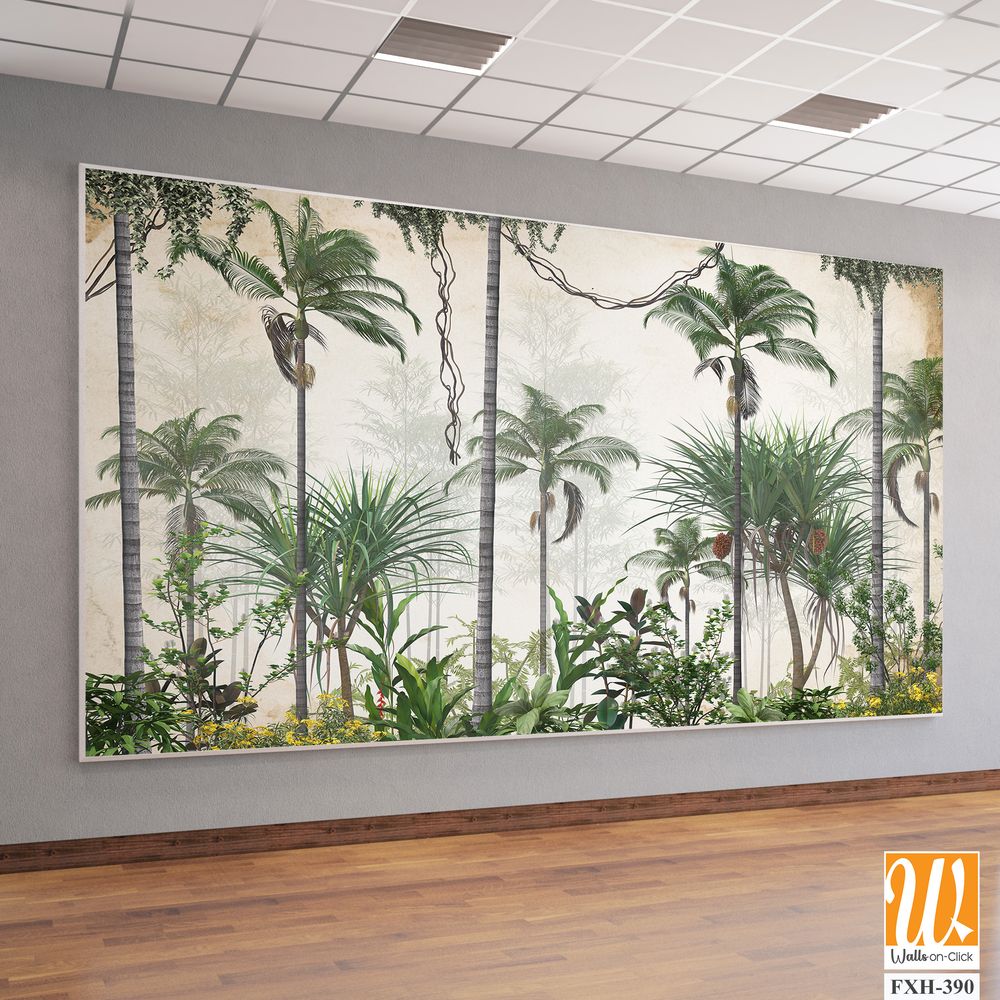 Tropical trees and leaves for digital printing wallpaper, custom design wallpaper - 3D illustration [WP-FXH-390]