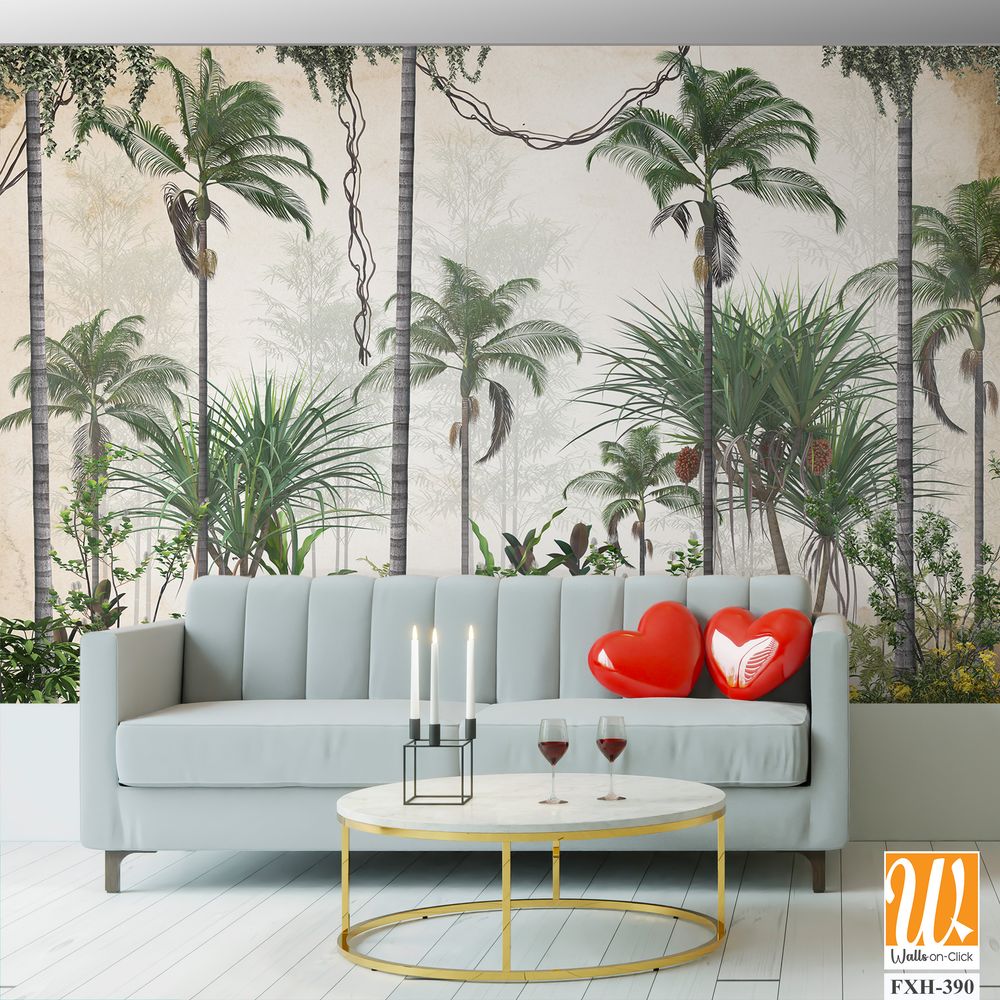 Tropical trees and leaves for digital printing wallpaper, custom design wallpaper - 3D illustration [WP-FXH-390]