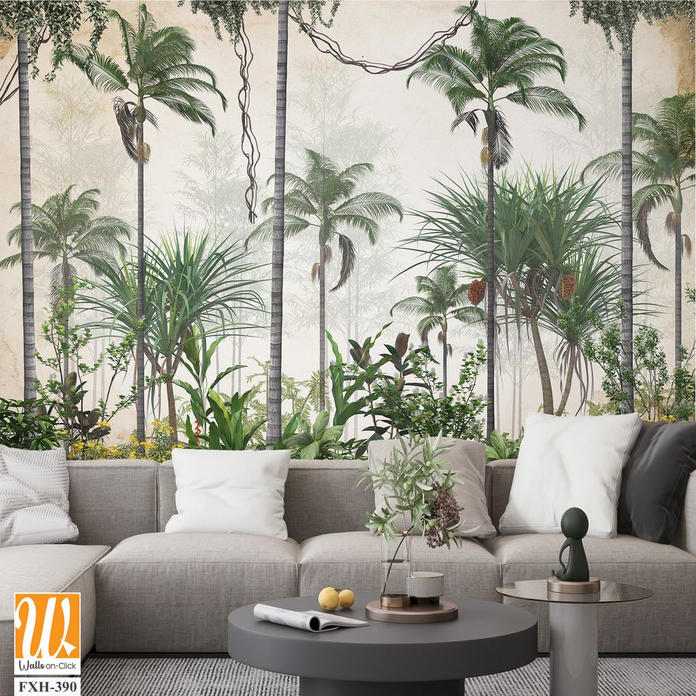 Tropical trees and leaves for digital printing wallpaper, custom design wallpaper - 3D illustration [WP-FXH-390]