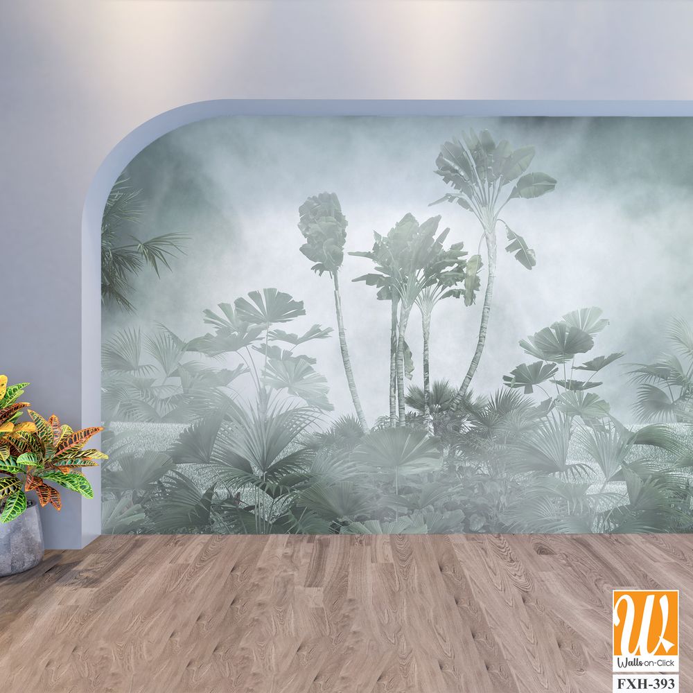 Tropical trees and leaves in foggy forest wallpaper design - 3D illustration [WP-FXH-393]