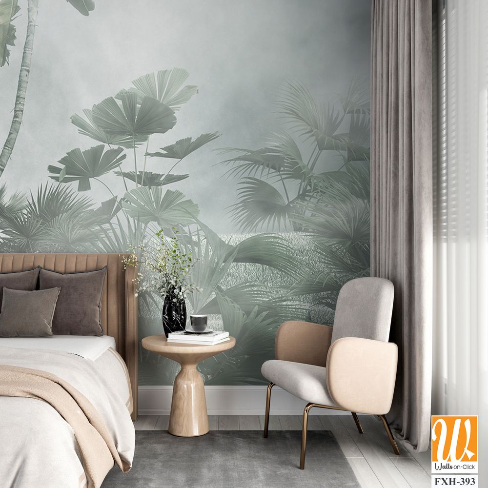 Tropical trees and leaves in foggy forest wallpaper design - 3D illustration [WP-FXH-393]