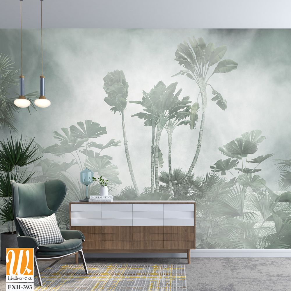 Tropical trees and leaves in foggy forest wallpaper design - 3D illustration [WP-FXH-393]