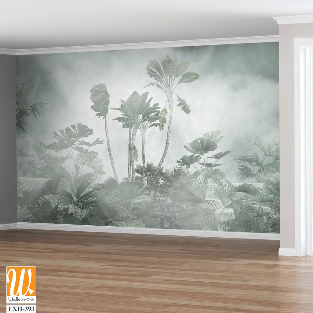 Tropical trees and leaves in foggy forest wallpaper design - 3D illustration [WP-FXH-393]