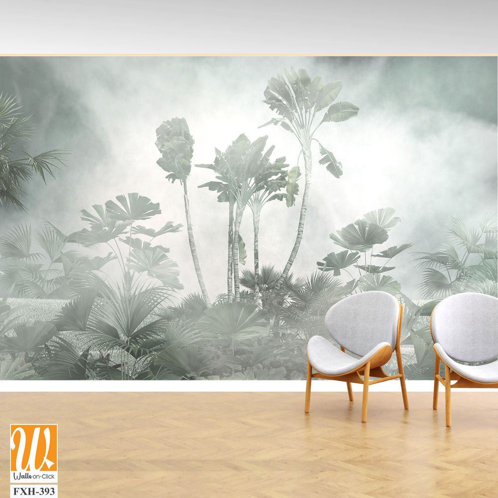 Tropical trees and leaves in foggy forest wallpaper design - 3D illustration [WP-FXH-393]