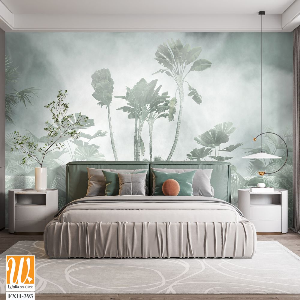 Tropical trees and leaves in foggy forest wallpaper design - 3D illustration [WP-FXH-393]