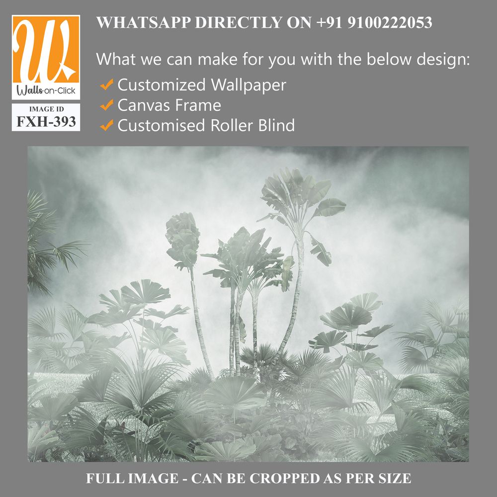 Tropical trees and leaves in foggy forest wallpaper design - 3D illustration [WP-FXH-393]