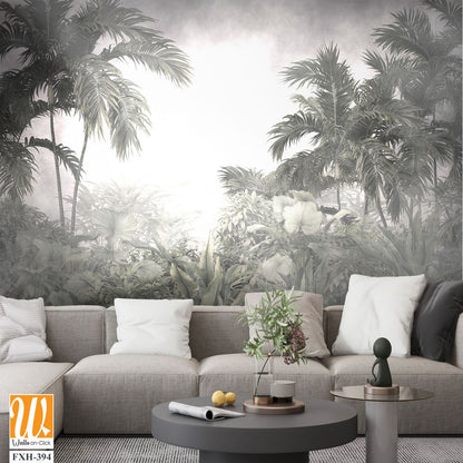 Tropical trees and leaves in foggy forest wallpaper design - 3D illustration [WP-FXH-394]