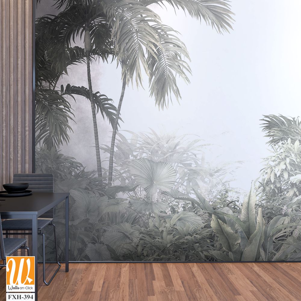 Tropical trees and leaves in foggy forest wallpaper design - 3D illustration [WP-FXH-394]