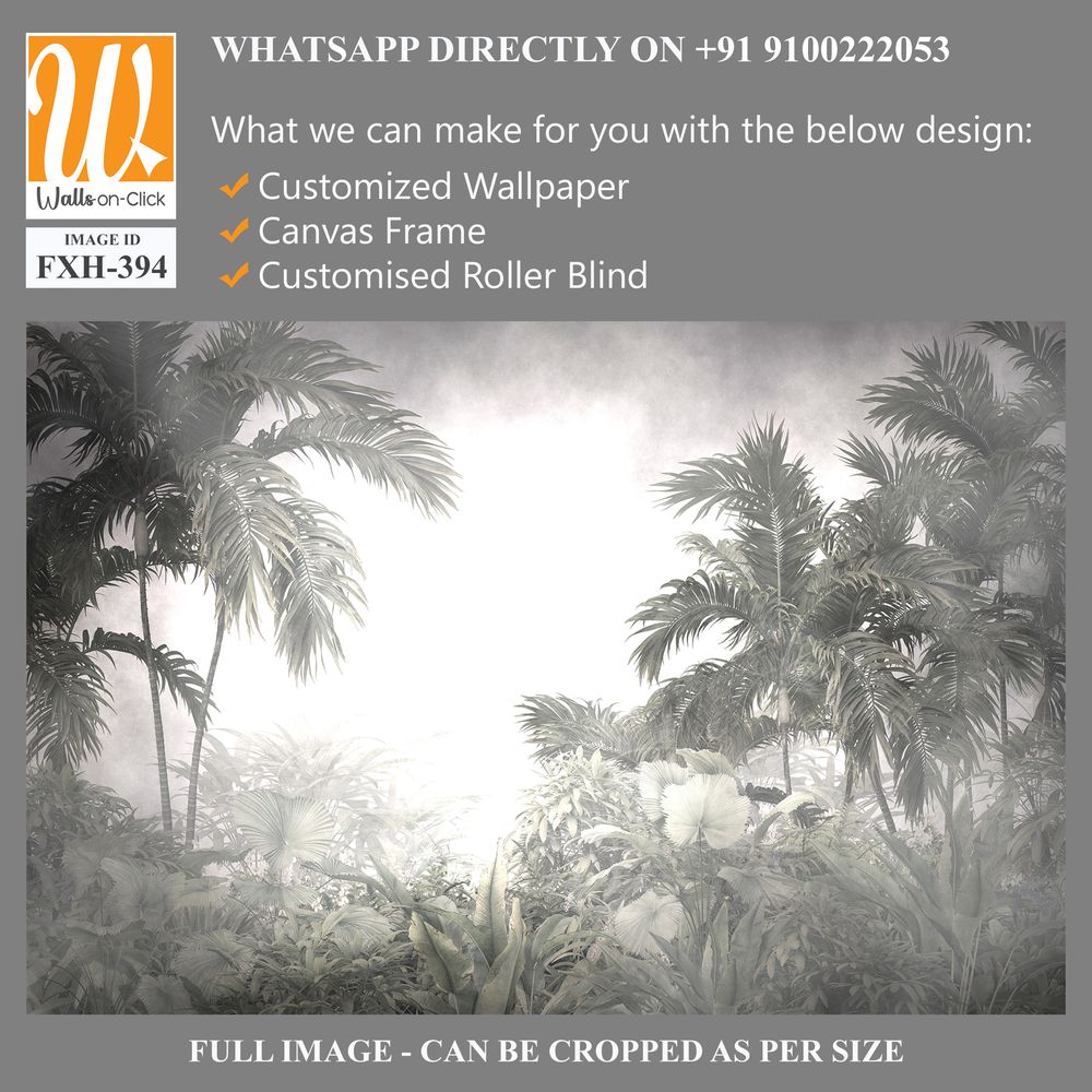 Tropical trees and leaves in foggy forest wallpaper design - 3D illustration [WP-FXH-394]