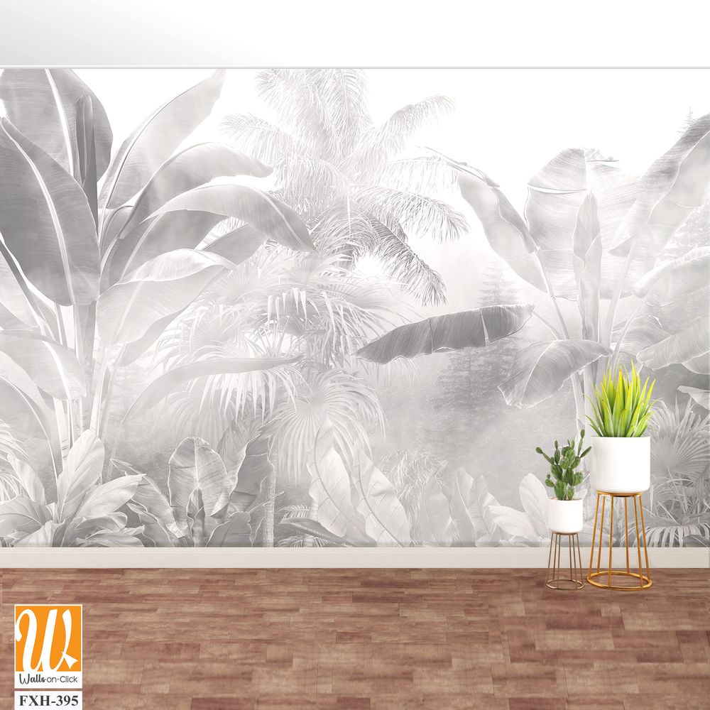 Tropical trees and leaves in foggy forest wallpaper design - 3D illustration [WP-FXH-395]