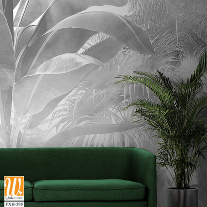 Tropical trees and leaves in foggy forest wallpaper design - 3D illustration [WP-FXH-395]