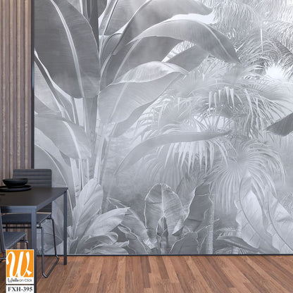 Tropical trees and leaves in foggy forest wallpaper design - 3D illustration [WP-FXH-395]