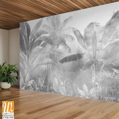 Tropical trees and leaves in foggy forest wallpaper design - 3D illustration [WP-FXH-395]