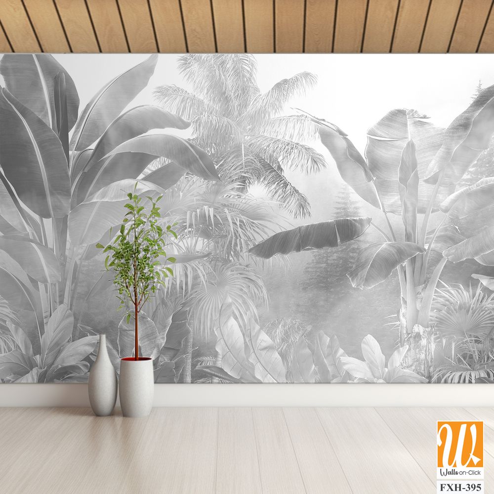 Tropical trees and leaves in foggy forest wallpaper design - 3D illustration [WP-FXH-395]