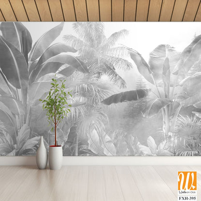 Tropical trees and leaves in foggy forest wallpaper design - 3D illustration [WP-FXH-395]