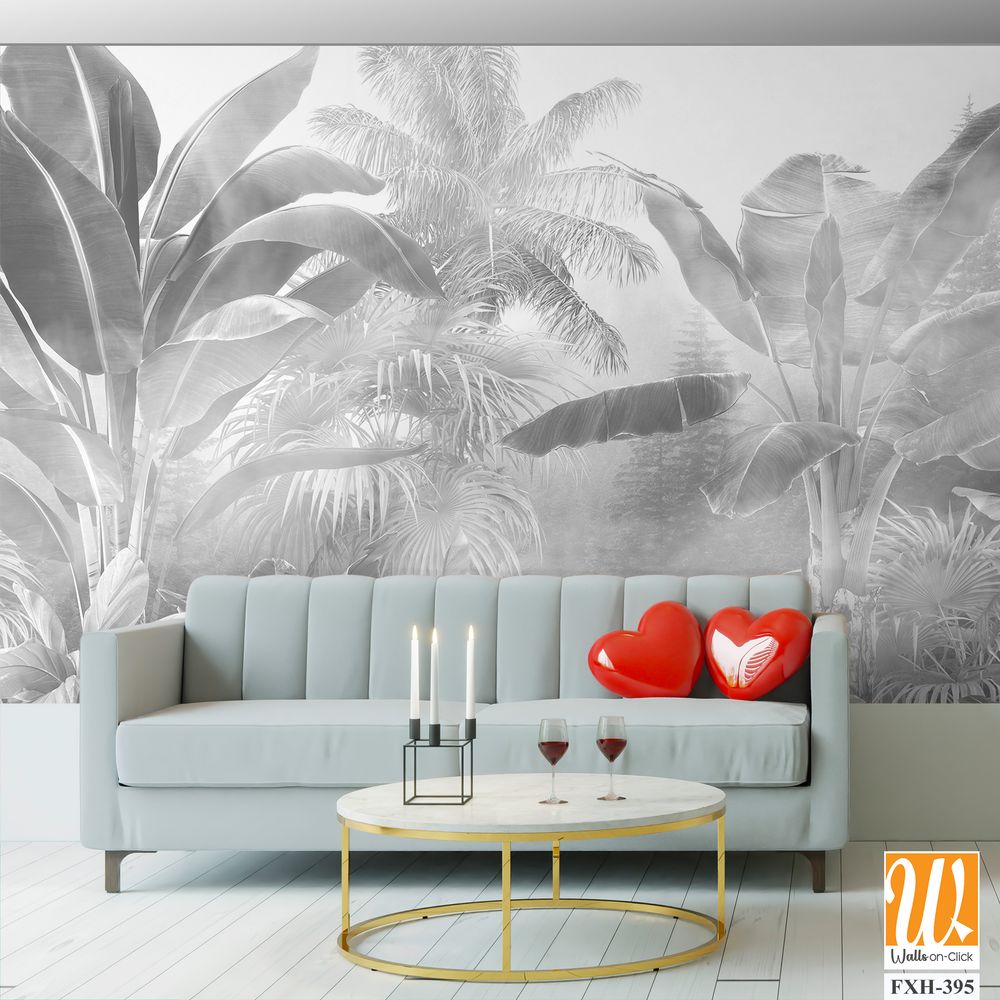 Tropical trees and leaves in foggy forest wallpaper design - 3D illustration [WP-FXH-395]