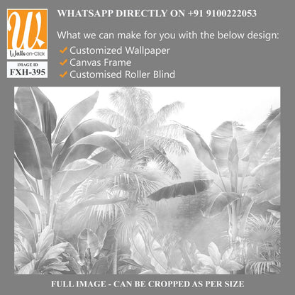 Tropical trees and leaves in foggy forest wallpaper design - 3D illustration [WP-FXH-395]