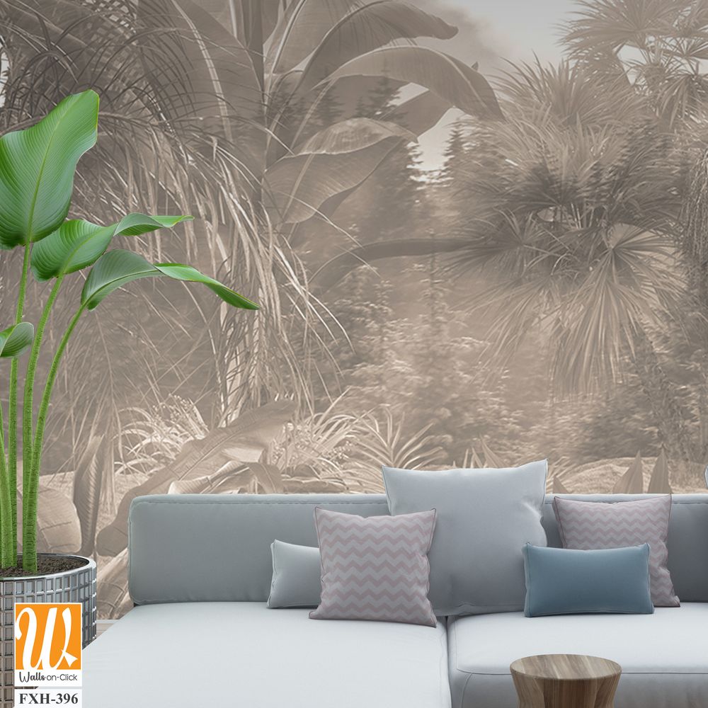 Tropical trees and leaves in foggy forest wallpaper design - 3D illustration [WP-FXH-396]