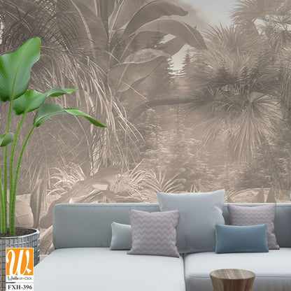 Tropical trees and leaves in foggy forest wallpaper design - 3D illustration [WP-FXH-396]