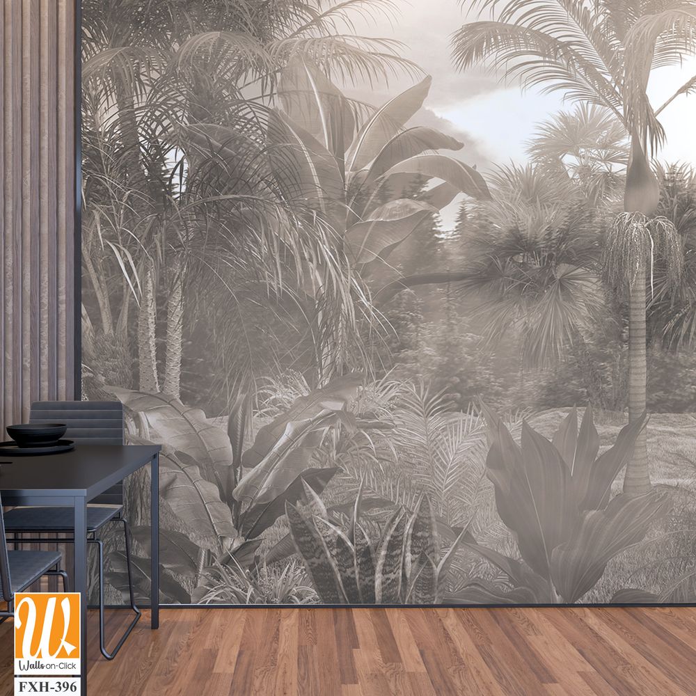 Tropical trees and leaves in foggy forest wallpaper design - 3D illustration [WP-FXH-396]