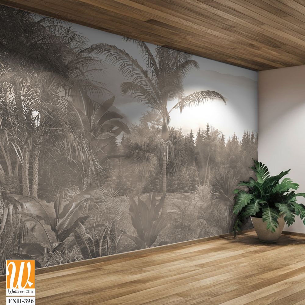 Tropical trees and leaves in foggy forest wallpaper design - 3D illustration [WP-FXH-396]