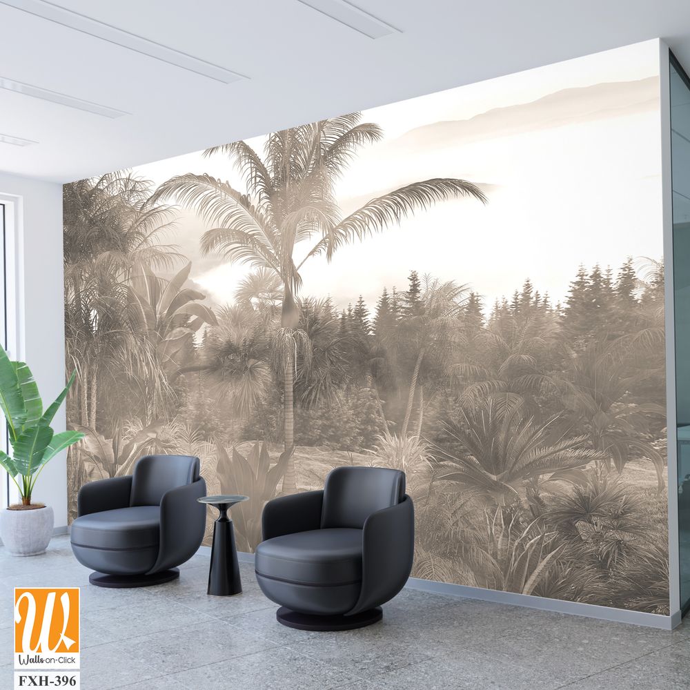 Tropical trees and leaves in foggy forest wallpaper design - 3D illustration [WP-FXH-396]