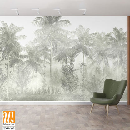 Tropical trees and leaves in foggy forest wallpaper design - 3D illustration [WP-FXH-397]